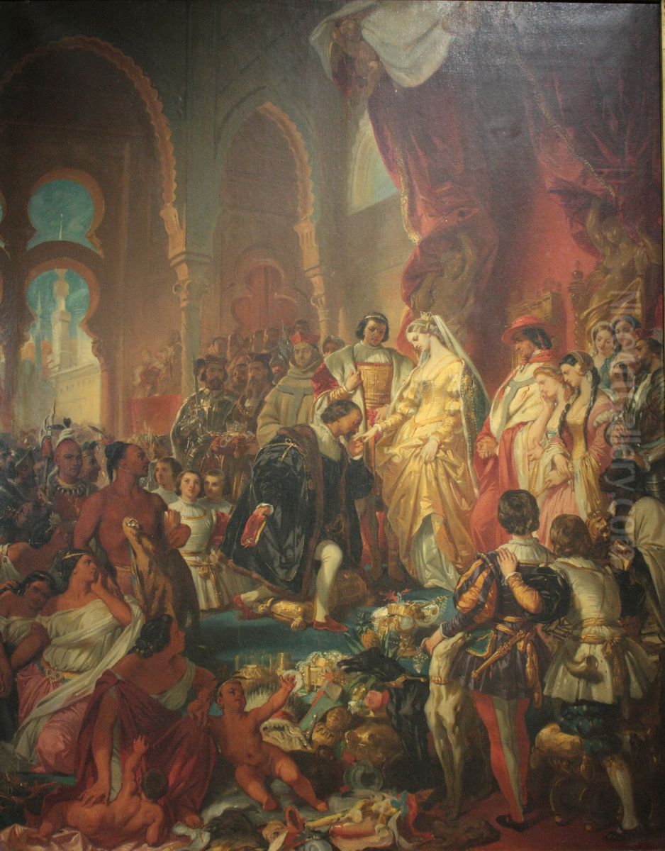 Christophe Colomb a la cour de Ferdinand et Isabelle Oil Painting by Eugene Francois Marie Joseph Deveria