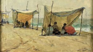 Beach with tents with figures