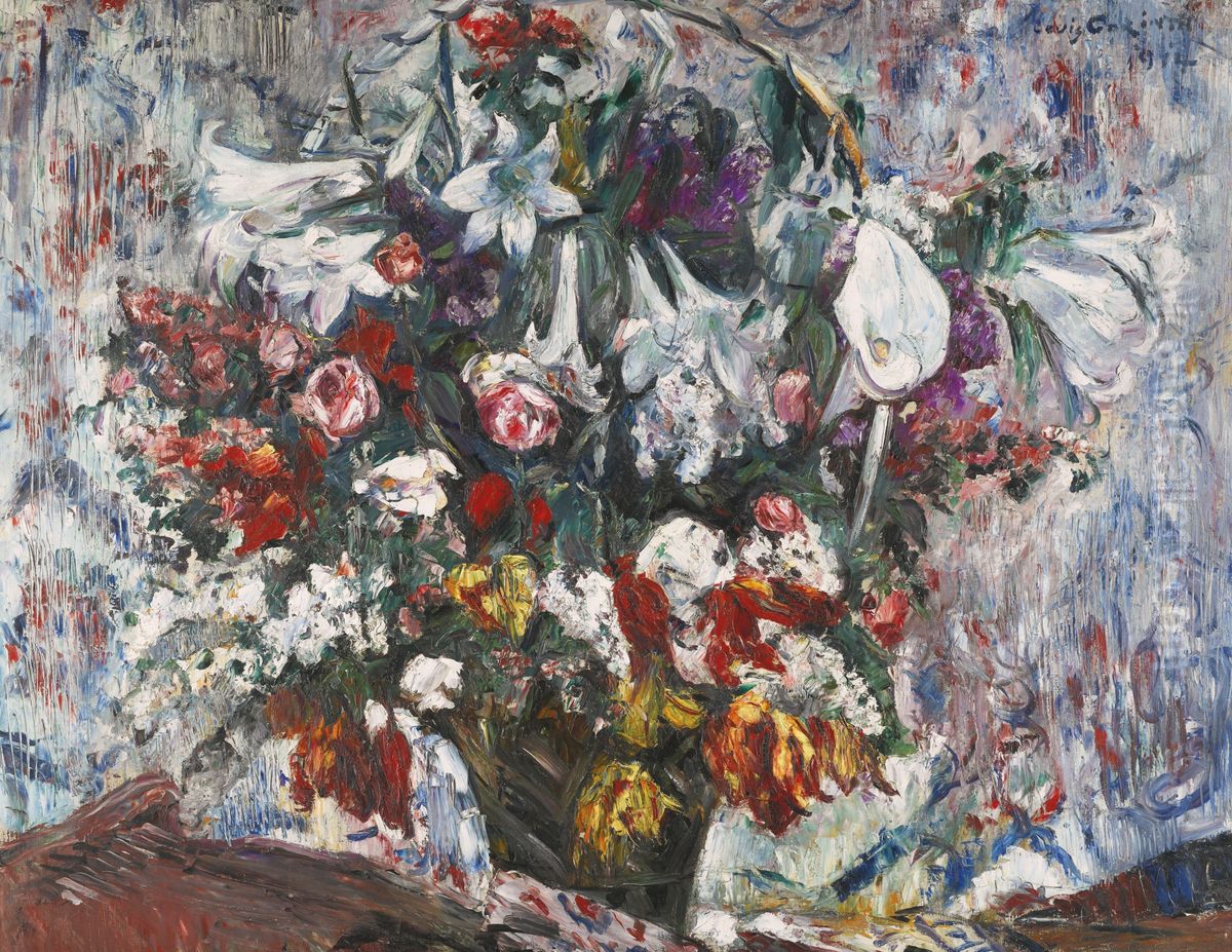 Flower basket with amaryllis, lilac, roses and tulips Oil Painting by Lovis (Franz Heinrich Louis) Corinth
