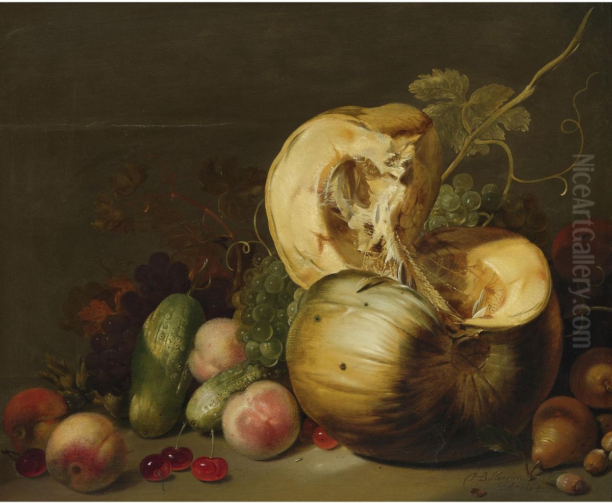 Still life with a pumpkin, peaches, grapes, cherries and other fruit Oil Painting by Hans Bollongier