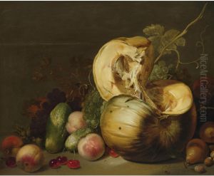 Still life with a pumpkin, peaches, grapes, cherries and other fruit