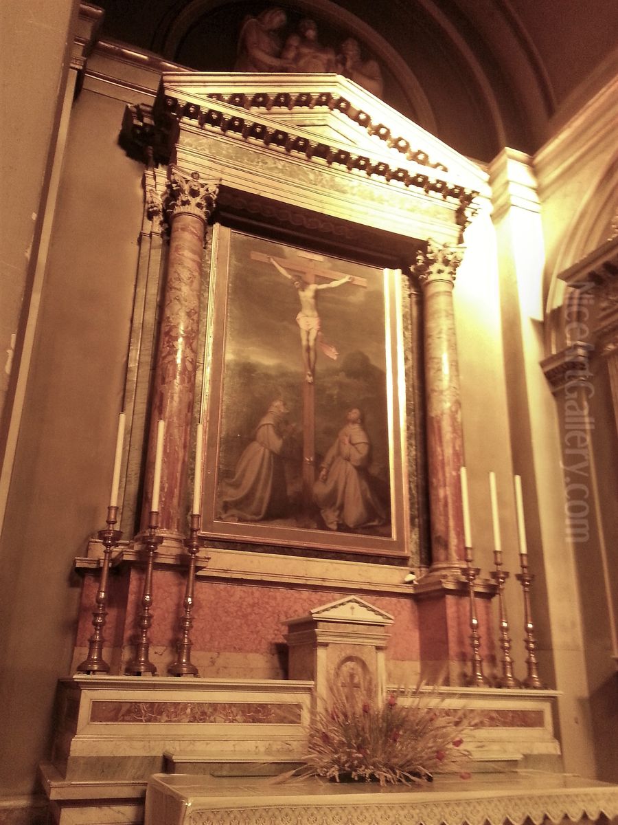 Crocifisso con i santi Bernardino e Antonio da Padova Oil Painting by Giovanni Battista Moroni