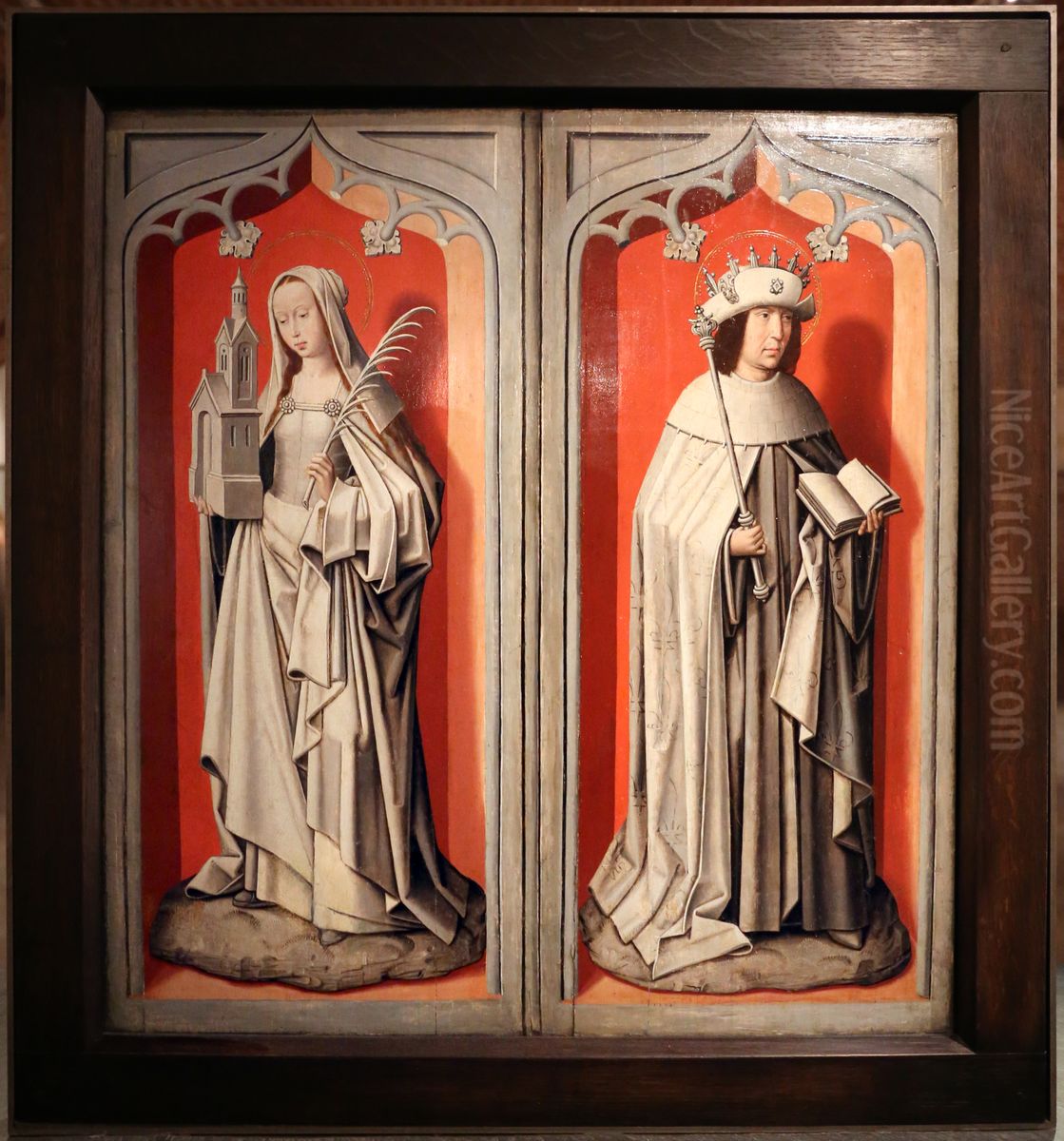 De H. Barbara (links), de H. Lodewijk (rechts) Oil Painting by Master of the Embroidered Foliage