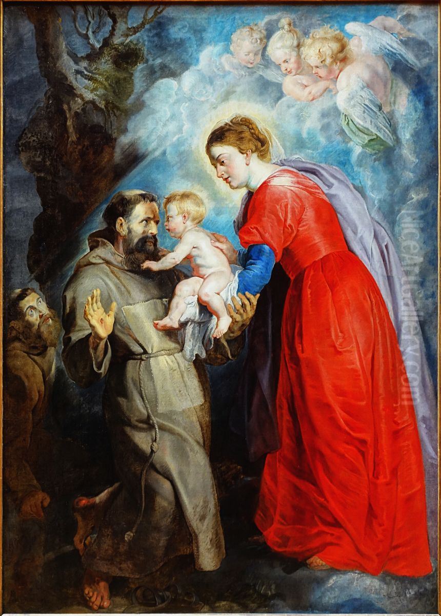 St Francis receives the Christ Child from Mary Oil Painting by (studio of) Rubens, Peter Paul