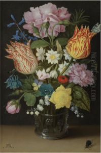 STILL LIFE WITH TULIPS, ROSES, NARCISSI AND OTHER FLOWERS IN A GLASS BEAKER