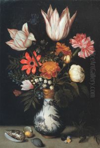 Tulips, Roses, a Pink and White Carnation, Forgets-Me-Nots, Lilly of the Valley and other Flowers in a Vase