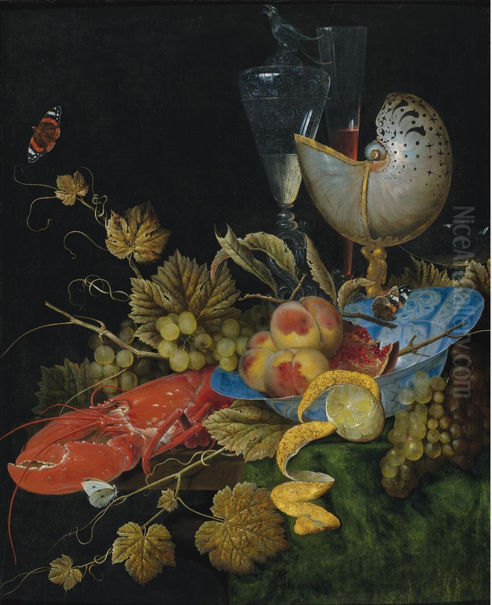 STILL LIFE WITH LOBSTER, FRUIT AND A NAUTILUS SHELL Oil Painting by Ottmar Elliger