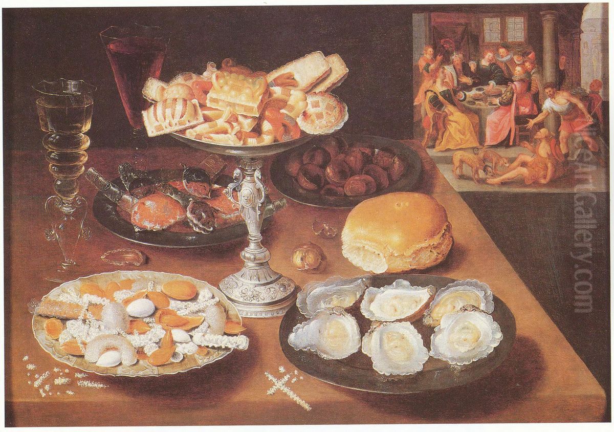 Still life with oysters and sweets, in the bakground Lazarus and the Rich Man Oil Painting by Crispijn van de Passe the Elder