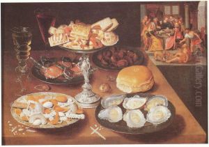 Still life with oysters and sweets, in the bakground Lazarus and the Rich Man