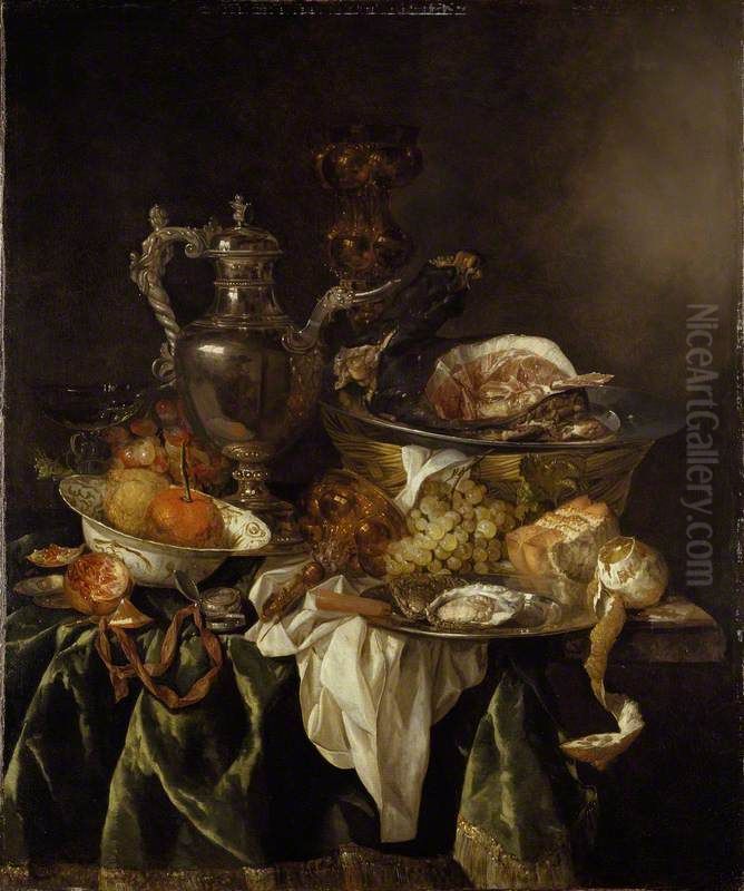 Still Life with a silver Wine-jar and a reflected Portrait of the Artist Oil Painting by Abraham Van Beijeren