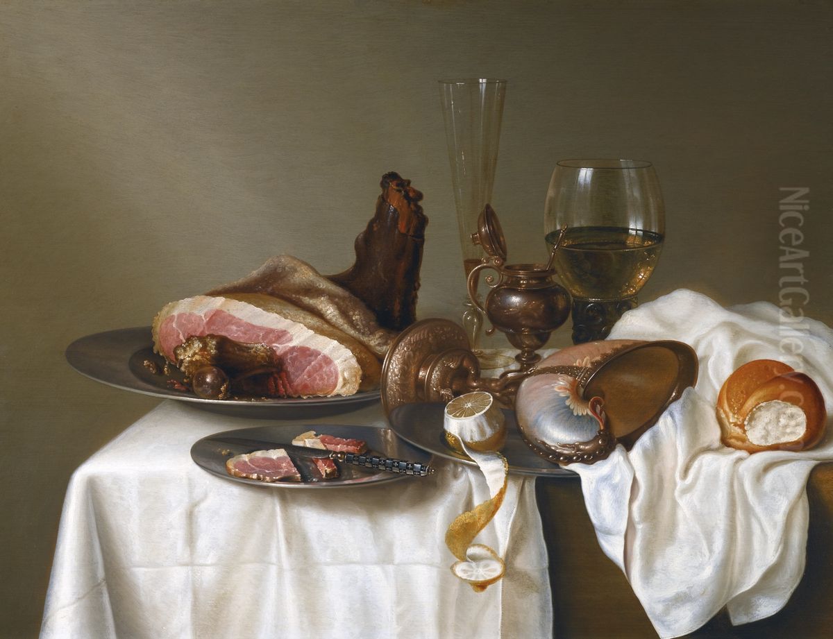 Still Life with Ham and Nautilus Cup Oil Painting by Maerten Boelema De Stomme