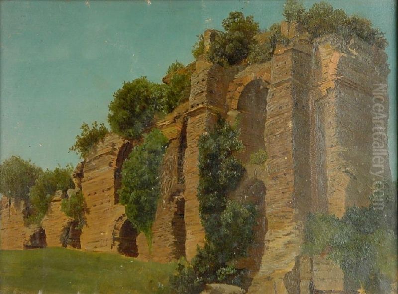 Blick auf Ruinen eines Aquaduktes in romischer Campagnalandschaft Oil Painting by Arnold Overbeck