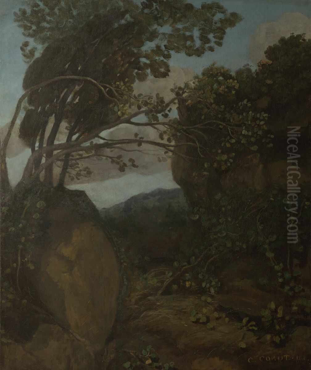 Souvenir of Nemi. Rocks and shrubs Oil Painting by Jean-Baptiste Camille Corot