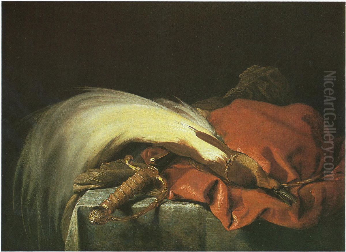 Still life with a hunting sword and a red velvet cap decorated with the plumage of a bird of paradise Oil Painting by Dirck de Bray