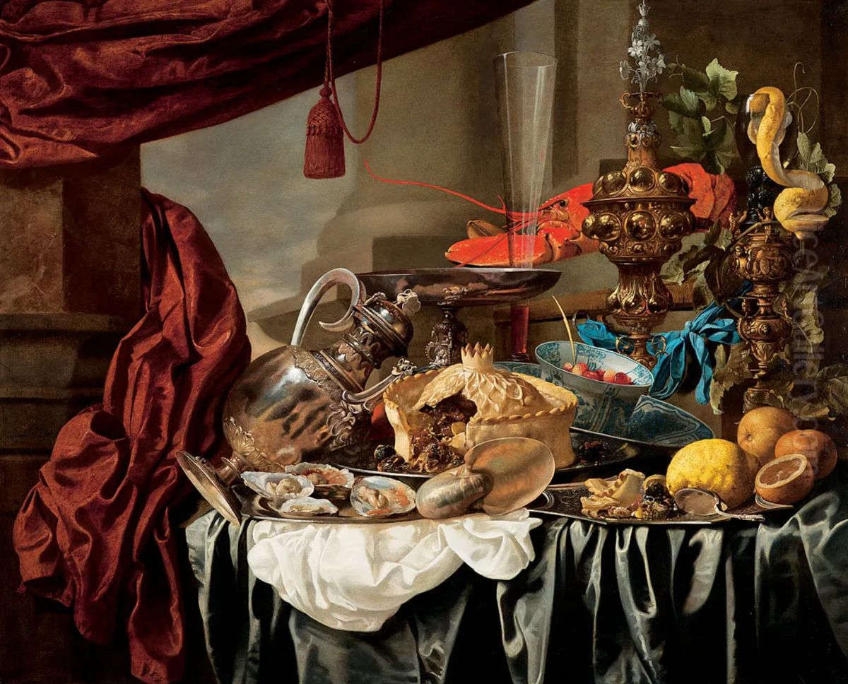 Opulent Still-Life with Silver and Gilt Metal Objects, Nautilus Shell, Porcelain, Food and Other Motifs on a Draped Table Oil Painting by Carstian Luyckx