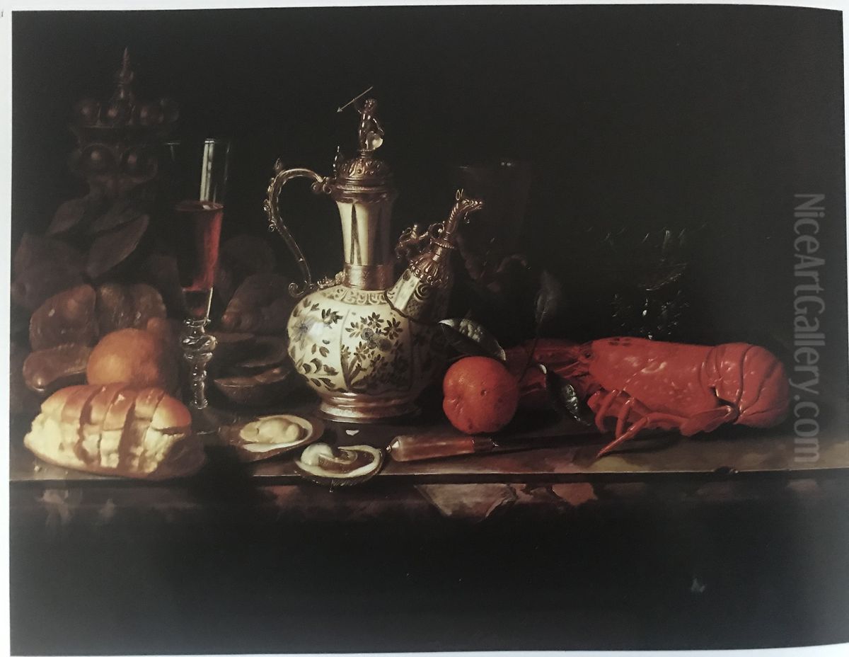 Sumptuous Still Life with Lobster, Oysters, Silvergilt Covered Beaker, Silver mounted Kendi wine flask and Glassware Oil Painting by Pieter Gerritsz van Roestraten