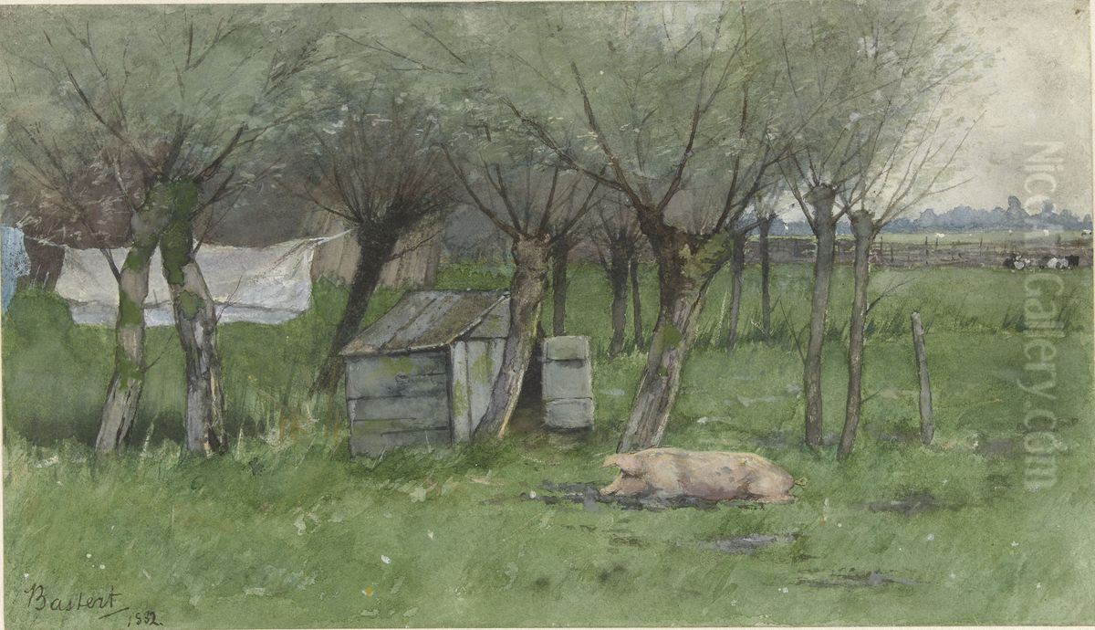 Boerenerf met liggend varken Oil Painting by Nicolaas Bastert