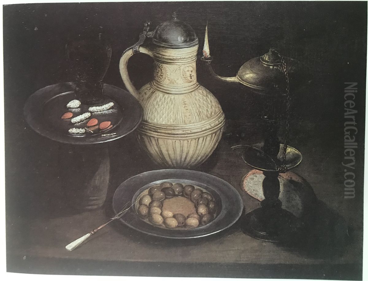 Still Life with Bearded Man Crock, Lamp, Olives and Sweetmeats Oil Painting by Frans Badens