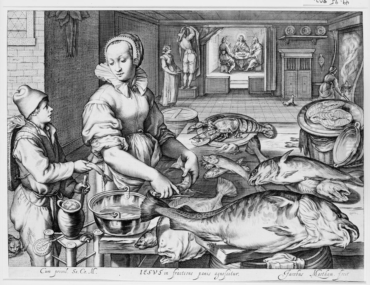 Kitchen Scene with Kitchen Maid Preparing Fish, Christ at Emmaus in the Background, from Kitchen and Market Scenes with Biblical Scenes in the Background Oil Painting by Jacob Matham