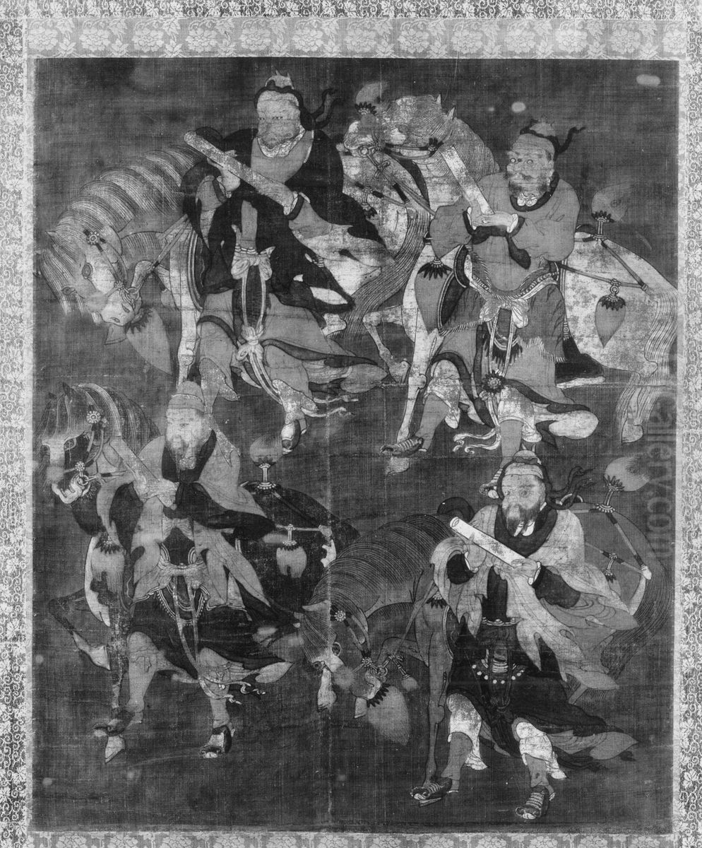 Four Deities with Horses Oil Painting by Hasegawa Tohaku