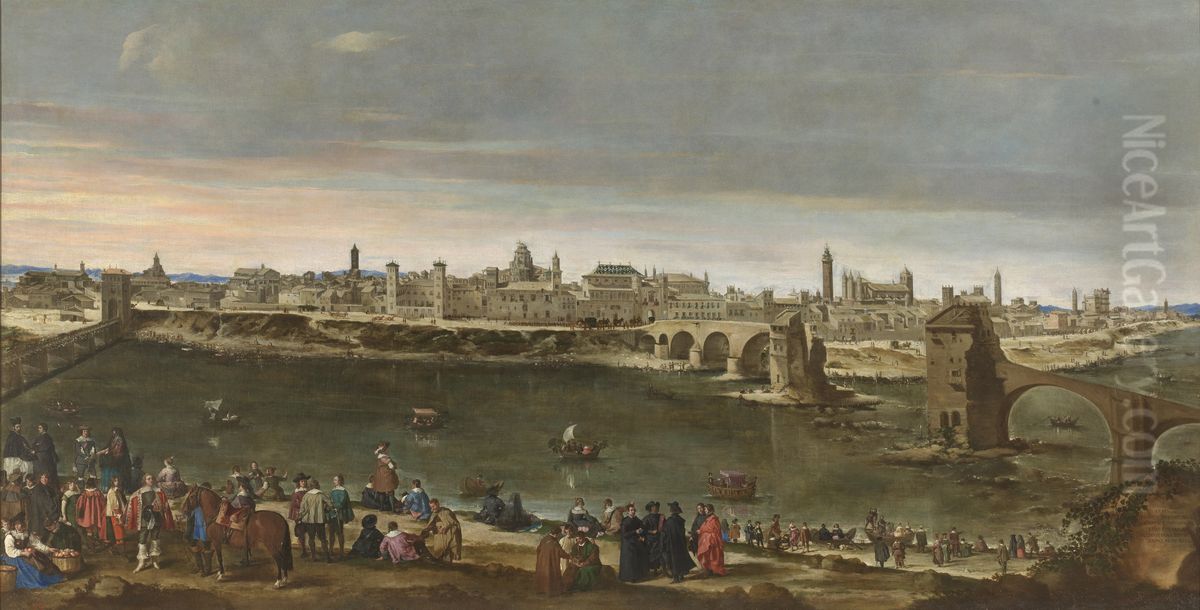 Vista de la ciudad de Zaragoza Oil Painting by Juan Bautista Martinez del Mazo