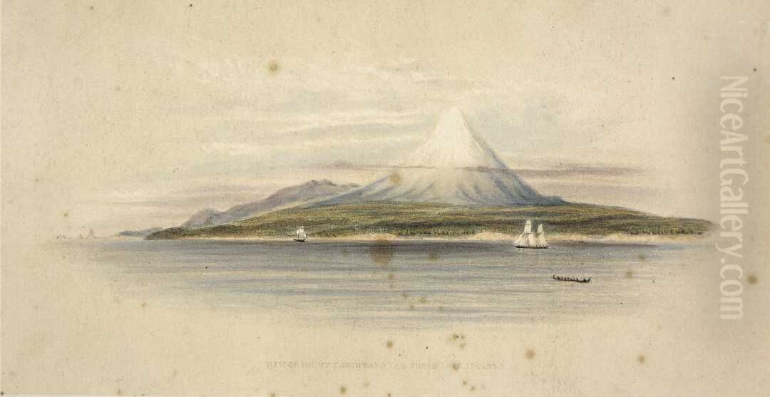 View of Mount Egmont and the Sugar Loaf Islands. Oil Painting by Charles Heaphy