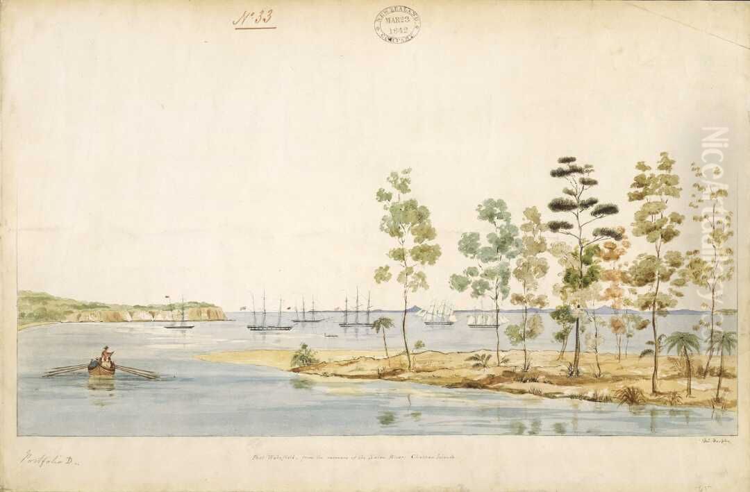 Port Wakefield, from the entrance of the Nairn River; Chatham Islands. Oil Painting by Charles Heaphy
