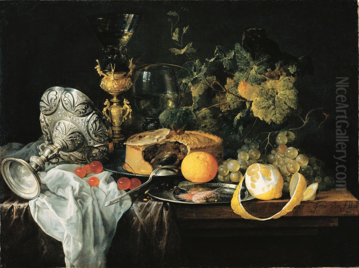 Sumptuous Still Life with Fruits, Pie and Goblets, 1651 Oil Painting by Jan Davidsz. De Heem