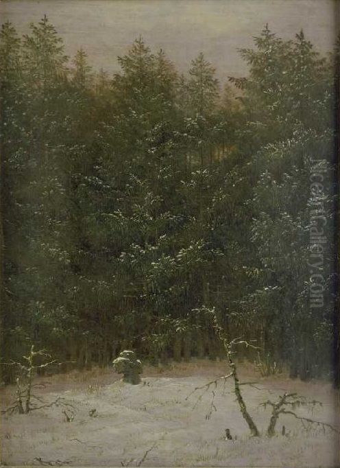 Snowy forest with stone cross Oil Painting by Carl Gustav Carus