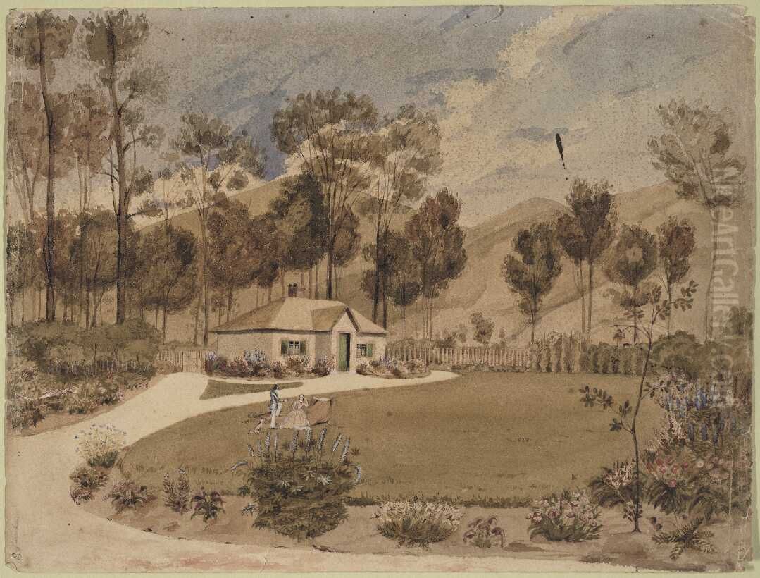 The home of Mr & Mrs William Bishop, Maitai Valley Oil Painting by Charles Heaphy
