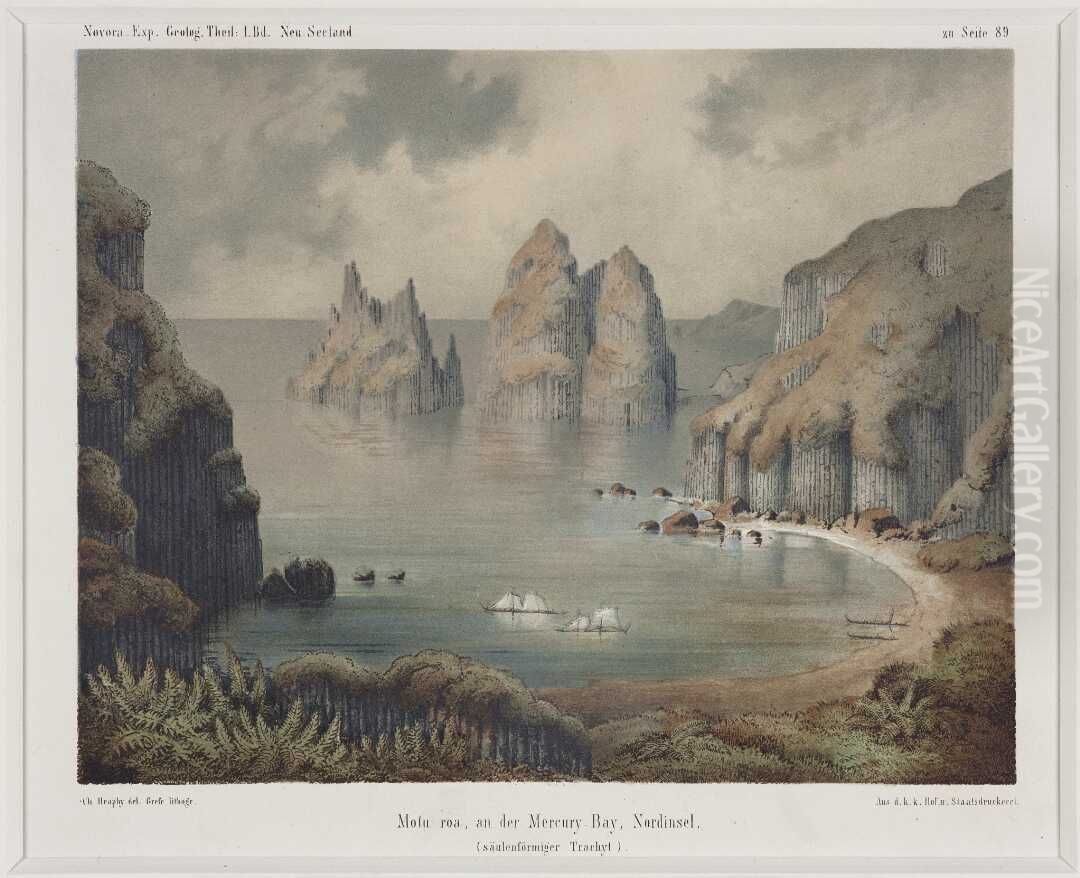 Motu roa an der Mercury-Bay, Nordinsel. (saulenformiger Trachyt) Oil Painting by Charles Heaphy