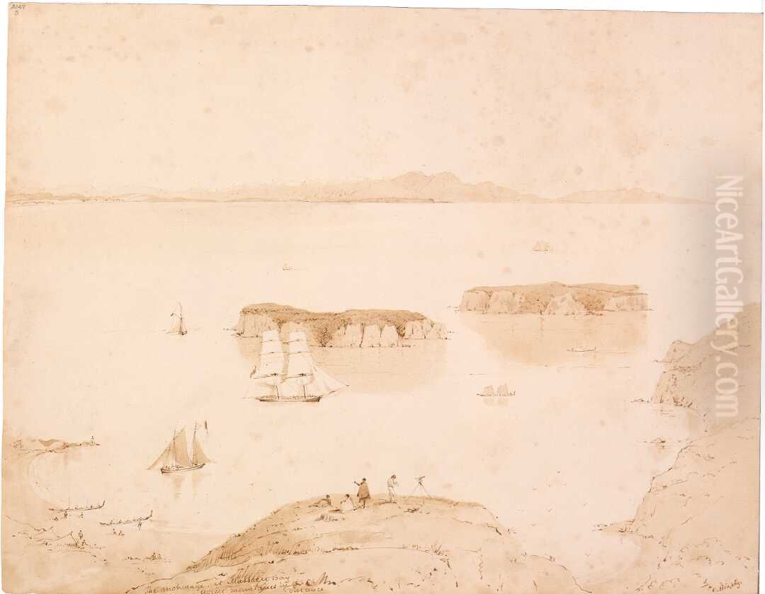 The anchorage at Massacre Bay. Aorere mountains in the distance Oil Painting by Charles Heaphy
