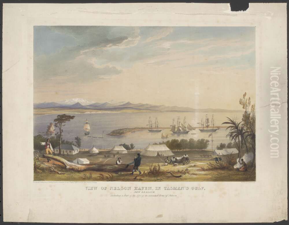 View of Nelson Haven, Tasman's Gulf, New Zealand, including a part of the site of the intended town of Nelson Oil Painting by Charles Heaphy