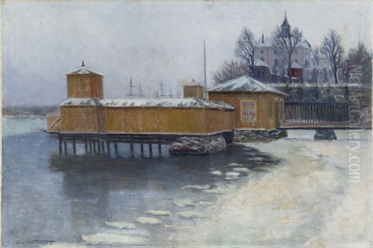 Solyst badehus Oil Painting by Oscar Gronmyra