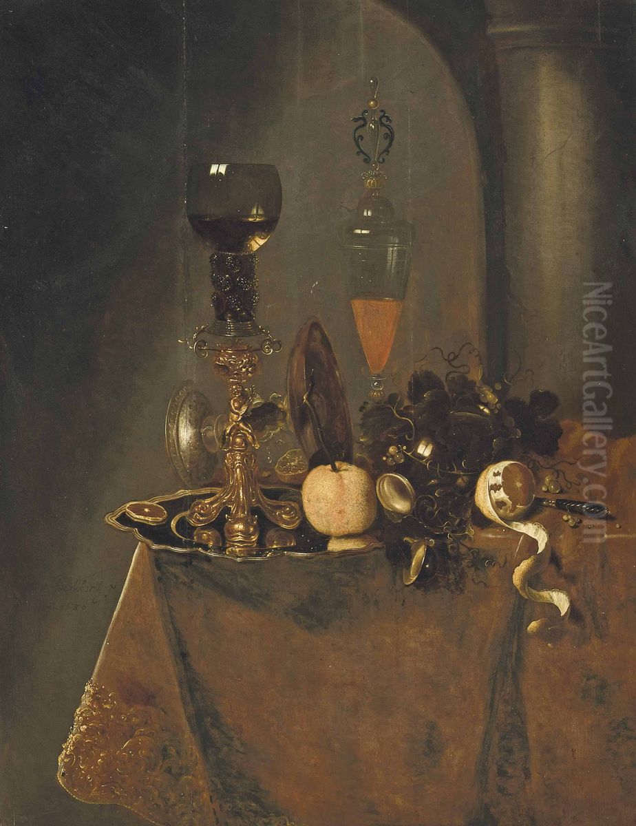 A roemer filled with wine and a lemon on a silver charger, an upturned tazza, a wine flute with a lid, grapes, a partly-peeled lemon and a knife on a draped table in an interior Oil Painting by Gerard Van Berleborch