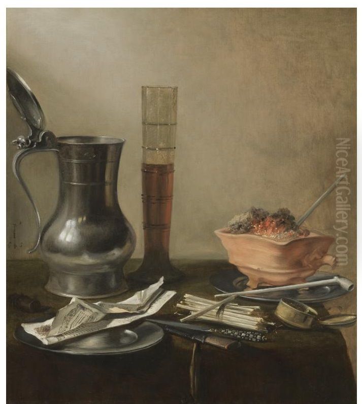Still life with a pewter flagon, a tall glass, a chafing-dish and smoker's requisities, all on a draped table Oil Painting by Pieter Claesz