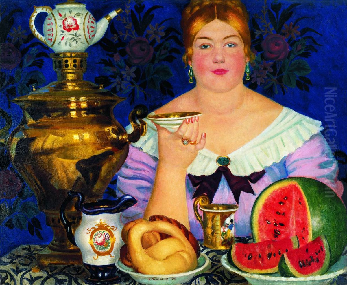 Merchant's Wife, drinking tea Oil Painting by Boris Kustodiev