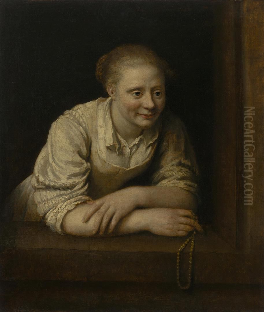 Woman Holding a Pearl Necklace In Her Hand Oil Painting by Philips Koninck