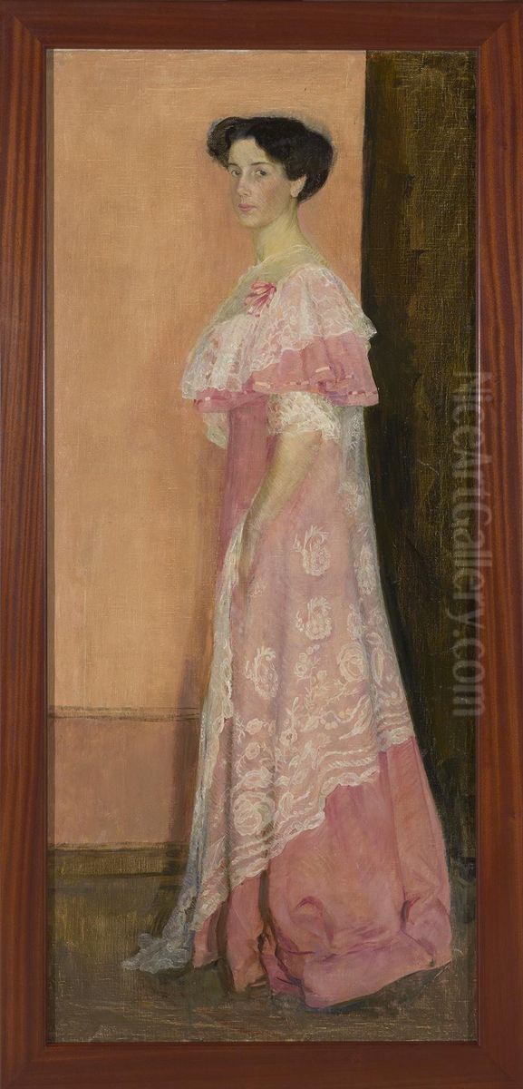 Study of a Lady in Pink Oil Painting by Nicolas Millioti