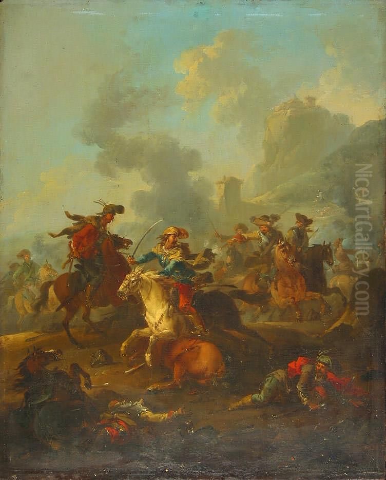 Cavalry Encounter Oil Painting by August Querfurt