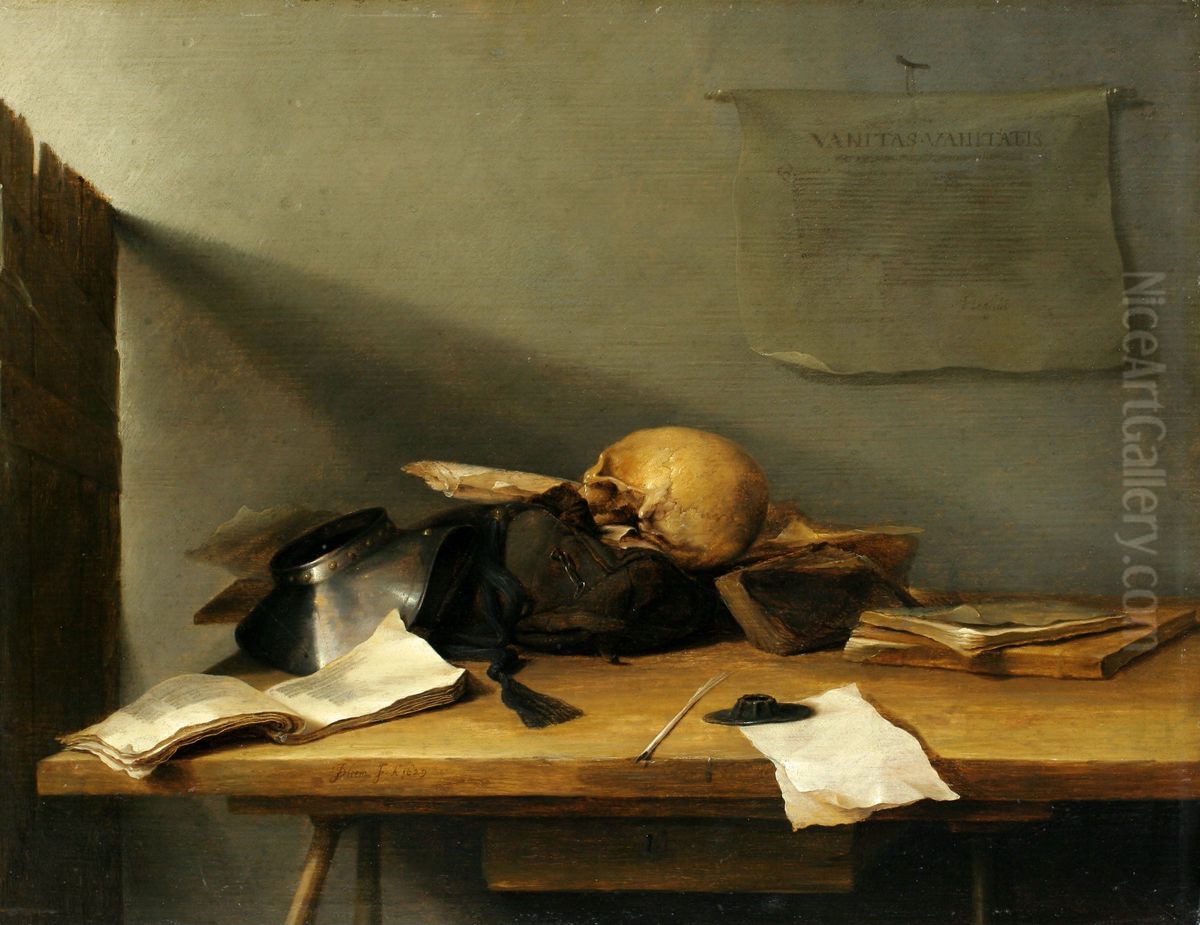 Still life with books and skull Oil Painting by Jan Davidsz. De Heem