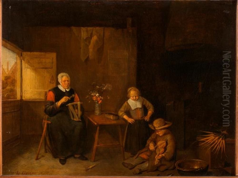 An Old Woman Twisting Threads and Two Children in the Room Oil Painting by Quirijn van Brekelenkam