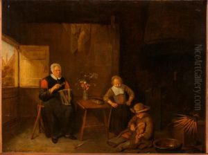 An Old Woman Twisting Threads and Two Children in the Room