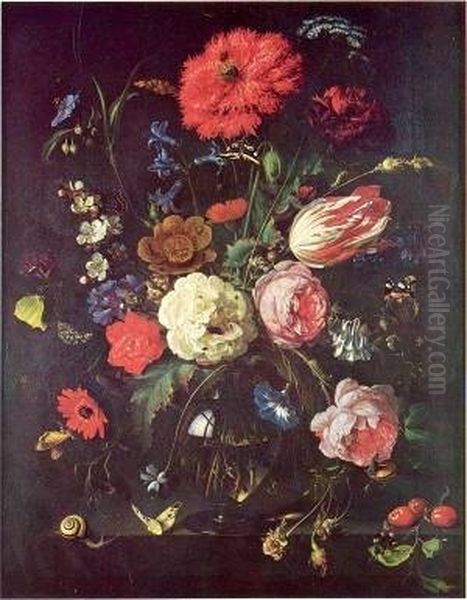 Still life of flowers in a glass vase upon a stone ledge Oil Painting by Jan Davidsz. De Heem