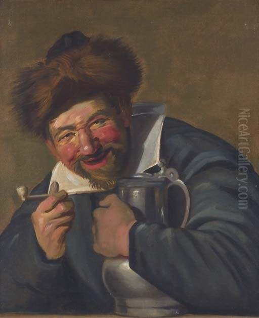 Merry man holding a pewter jug and a pipe Oil Painting by Frans Hals