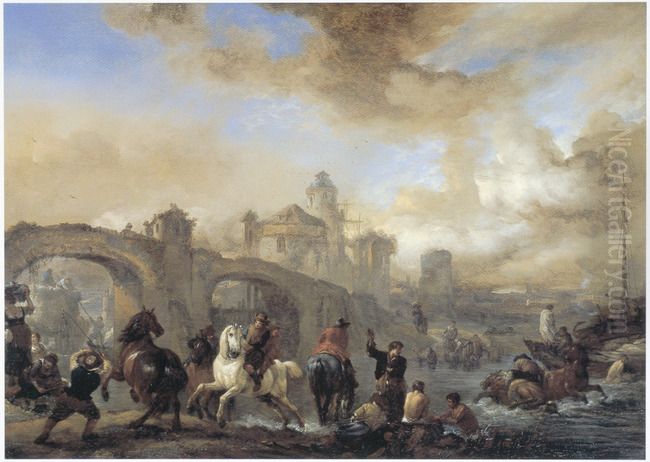 Landschap met paardenwed bij een brug Oil Painting by Philips Wouwerman