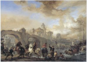 Landschap met paardenwed bij een brug