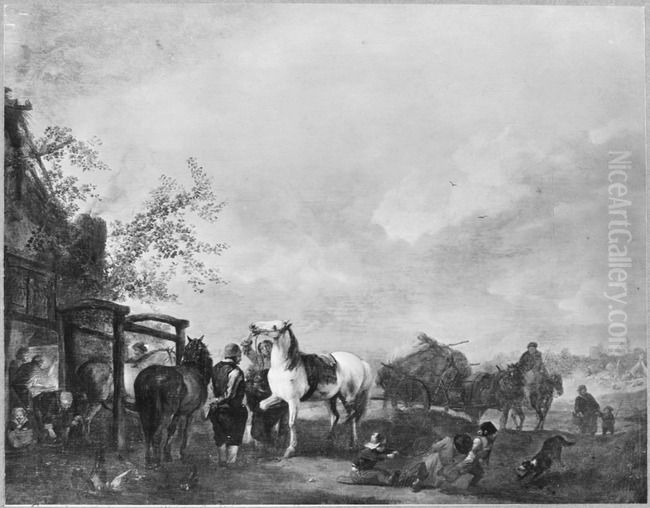 Landschap met paarden bij een hoefsmid, rechts een met hooi beladen wagen Oil Painting by Philips Wouwerman