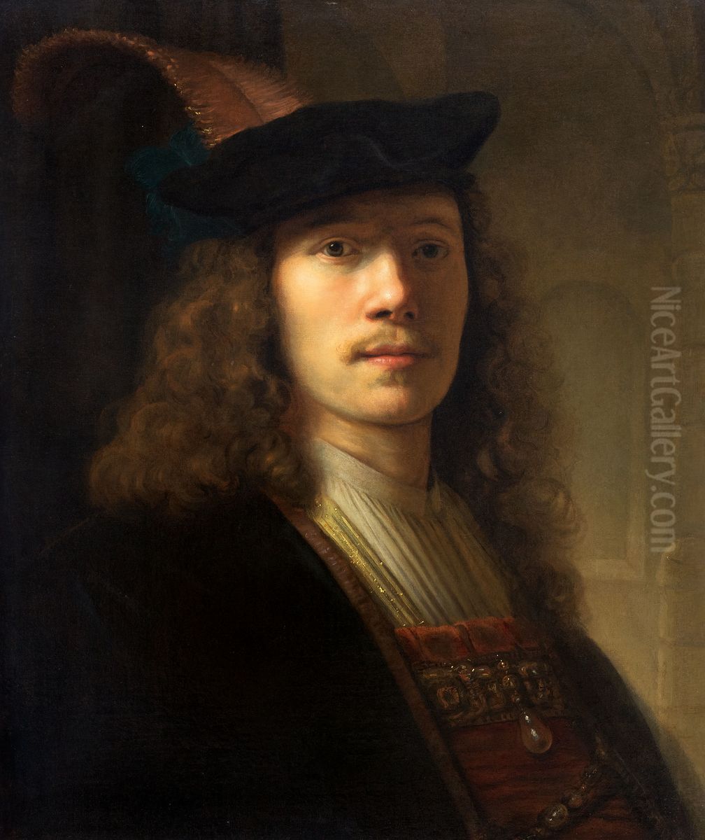 Borststuk van een man met baret met pluim Oil Painting by Pieter Hermansz Verelst