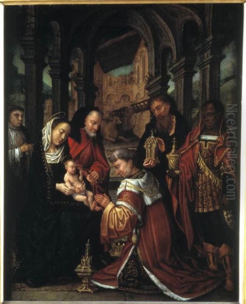 Aanbidding der koningen met stichter-kanunnik Oil Painting by Ambrosius Benson